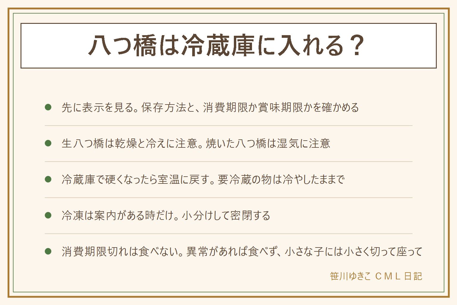 八つ橋の保存の早見表:先に箱や袋の保存方法と、消費期限か賞味期限かを見る。生八つ橋はやわらかく乾燥と冷えに注意、焼いた八つ橋は硬く湿気に注意。冷蔵庫で硬くなったら室温に戻す。要冷蔵の表示の物は冷蔵庫へ。冷凍は表示に案内がある時だけで、1回分ずつ小分けして空気を抜き、食べる分だけ表示どおりに戻す。硬い時の電子レンジは耐熱の皿とラップで少しずつ、やけどに注意。消費期限は過ぎたら食べない、賞味期限は目安、カビ・ぬめり・酸っぱいにおい・色の変化があれば食べない。小さな子どもには小さく切って座って食べ、大人が見る