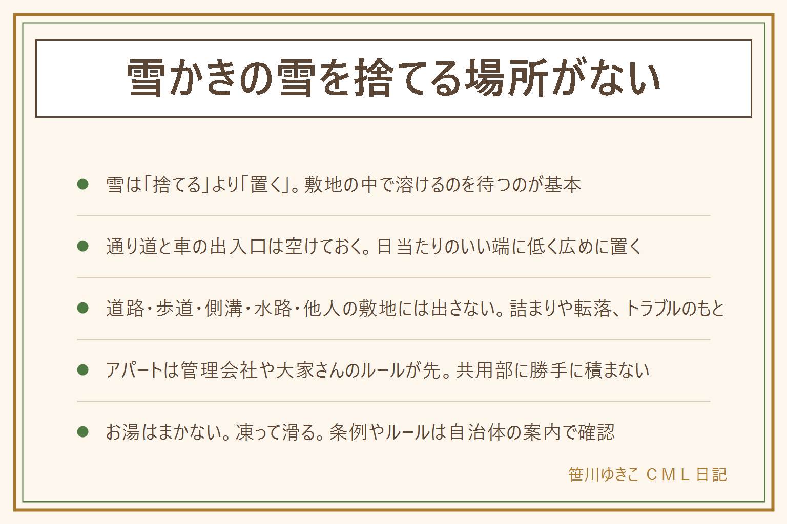 雪かきの雪を捨てる場所がない時の早見表:雪は捨てるのではなく自分の敷地の中で日当たりのいい端に低く広めに置いて溶けるのを待つ。玄関や通路、車の出入口、屋根から雪が落ちる場所には置かない。してはいけない場所は道路や車道、歩道、側溝や水路、他人の敷地、消火栓のまわり、ごみ集積所。アパートやマンションは管理会社や大家さんにルールを確認し共用部に勝手に積まない。早く溶かすには日当たりのいい場所で固まりを細かく崩して広げる。お湯はまかない。条例やルールは自治体の案内で確認する
